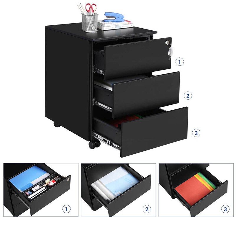 Schubladen Schrank SONGMICS Schubladenschrank, Rollcontainer, Mobiler Aktenschrank, Metallschrank, Druckertisch, Abschließbar, 3 Schubladen, Vormontiert, Büro, Homeoffice, 45 X 39 X 54 Cm, Wolkenweiß OFC63WT Schreibtisch Container