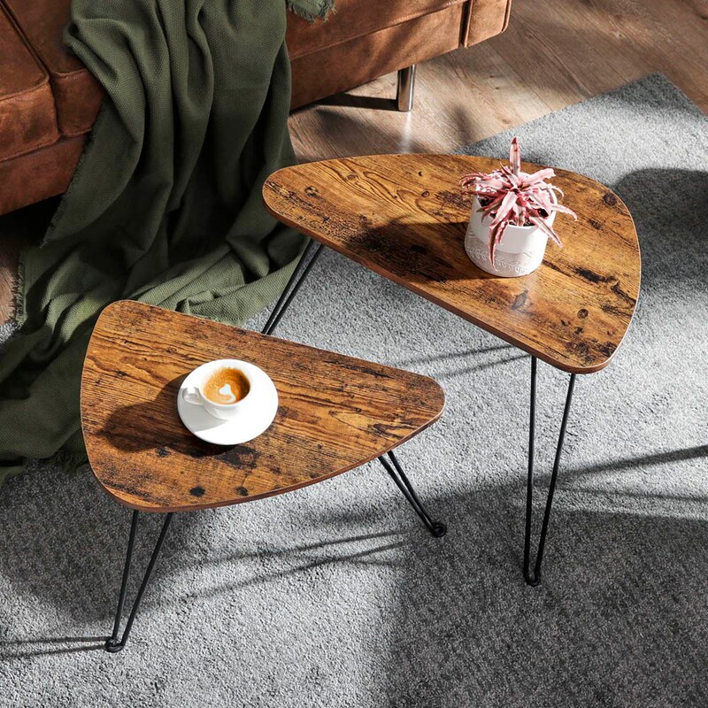 VASAGLE Couchtische-Set dreieckig abgerundet Spanplatte braun, 1 Set >> büroshop24