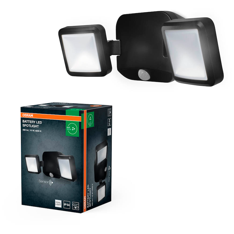 OSRAM LED-Außenleuchte mit Dämmerungssensor und Bewegungsmelder Battery LED Spotlight Double, schwarz 10 W, 1 St. >> büroshop24