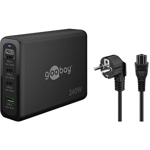 GOOBAY 65885 - USB-Ladegerät, 240 W, 1x USB-A (QC), 3x USB-C (PD), GaN, schwarz