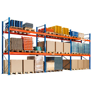 4058255107612 - Schulte Lagertechnik Palettenregal Grundregal B 8444 x T 1100 x H 5000 mm 3 Ebenen Palettengewicht bis 500 kg Feldlast 4582 kg blau orange