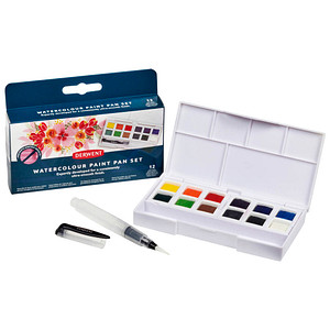 5028252645171 - DERWENT Wasserfarbkasten 12 halbe Näpfchen und eine Mini Waterbrush in einer kompakten Palette mit Mischschale