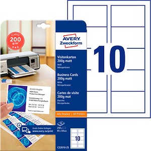 AVERY Zweckform Visitenkarten C32010-25 Weiß Matt 85mm x 54mm Laser/Inkjet 185g/m²