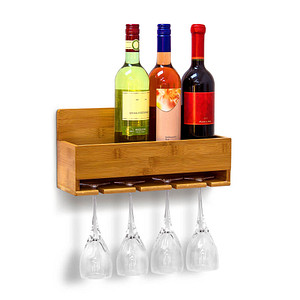 4052025191443 - Relaxdays - Weinregal mit Glashalter h x b x t ca 17 x 37 x 115 cm Flaschenregal aus Bambus mit Platz für 4 Flaschen und 4 Gläser zur Wandmontage