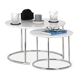 4052025225957 - Relaxdays Beistelltisch 2er Set rund kleiner Couchtisch matt Satztisch Holz und Metall verchromt 60x60 cm weiß