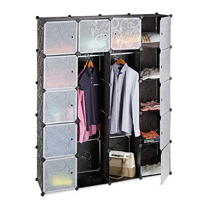 4052025956189 - Relaxdays - Kleiderschrank Stecksystem mit 2 Kleiderstangen Garderobe mit 14 Fächer Kunststoff Regalsystem schwarz