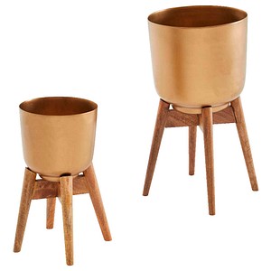 4251757706332 - WOHNLING Blumentopf 2er Set Metall Holz Pflanzenkübel Gold Rund Pflanzgefäß
