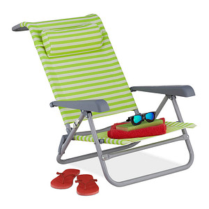 4052025359058 - Liegestuhl klappbar 8-stufig verstellbar Strandstuhl mit Nackenkissen Armlehnen & Flaschenöffner grün weiß - Relaxdays