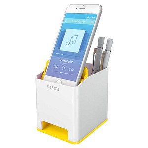 AKTION: LEITZ Stiftehalter WOW Duo Colour perlweiß/gelb Polystyrol 2 Fächer 9,0 x 10,1 x 10,0 cm mit Prämie nach Registrierung