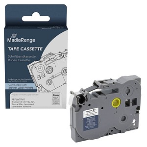 4260459618256 - Mediarange - Plastic tape cassette for label printers using Brother TZ-121 TZe-121 permanent adhesive 9mm 8m laminated black on clear (MRBTZ121)