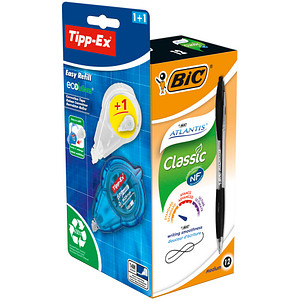 3086123589407 - BIC Atlantis Classic Kugelschreiber Schwarz Mittel 032 mm Nachfüllbar Packung mit 12 Stück + GRATIS 1 Easy Tipp-Ex mit Nachfüllpackung