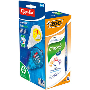 3086123589421 - BIC Atlantis Classic Kugelschreiber Blau Mittel 032 mm Nachfüllbar Packung mit 12 Stück + GRATIS 1 Easy Tipp-Ex mit Nachfüllpackung