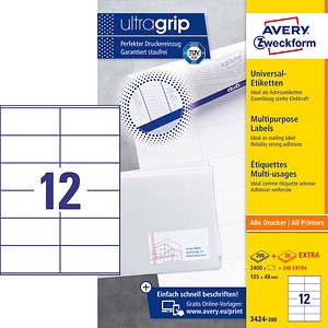 AKTION: 2.400 AVERY Zweckform Etiketten 3424-200 weiß + GRATIS 240 Etiketten