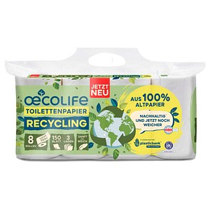 oecolife Toilettenpapier 3-lagig Recyclingpapier, 8 Rollen