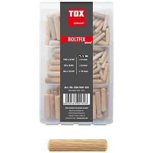 4049563046991 - Holzdübel Sortiment 190 tlg Boltfix wood 100x 6x30 mm 50x 8x40 mm 40x 10x40 mm Riffeldübel aus massiver Buche - TOX