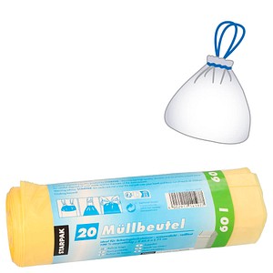 Papstar Müllsäcke 14197, gelb, 60 Liter, mit Zugband, reißfest 4002911141977 Papstar 20 Stück