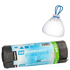 Papstar Müllsäcke 14196, grau, 60 Liter, mit Zugband, reißfest 4002911141960 Papstar 20 Stück