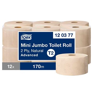 TORK Toilettenpapier Mini Jumbo T2 Advanced 2-lagig Recyclingpapier, 12 Rollen