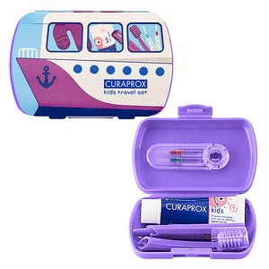 Curaprox Kids Travel Set - Zahnbürste, Zahnpasta, Interdentalbürsten - Violett