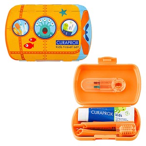 Curaprox Kids Travel Set Zahnbürste Zahnpasta Interdentalbürsten Orange