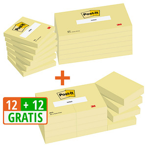 12 + 12 GRATIS: Post-it® Notes Haftnotizen-Set 654655P gelb 12 Blöcke + GRATIS 12 Blöcke 12 Blöcke Haftnotizen 5,1 x 3,8