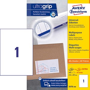 AKTION: 200 AVERY Zweckform Etiketten 3478-200 weiß + GRATIS 20 Etiketten