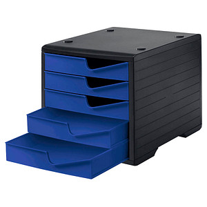 7612176089937 - Schubladenbox styro® styroswing 5 Schübe Auszugsperre & Griffmulde stapelbar B 270 x T 340 x H 255 mm Polystyrol schwarz-blau 7612176089937 - Schubladenbox styro® styroswing 5 Schübe Auszugsperre & Griffmulde stapelbar B 270 x T 340 x H 255 mm Polystyrol schwarz-blau