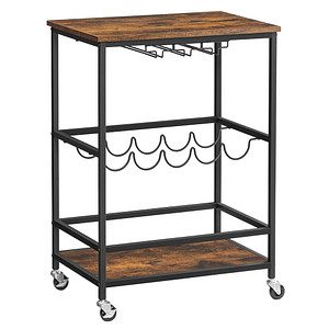 0194343017983 - LRC087B01 Küchenwagen auf Rollen mit Glasböden und Flaschenhalter 60 x 40 x 75 cm Industriedesign Vintage Braun Schwarz