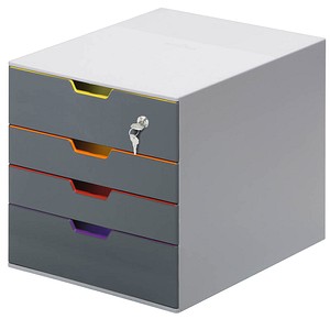 Schubladenbox VARICOLOR® SAFE dunkelgrau mit bunten Farblinien DIN C4 mit 4 Schubladen