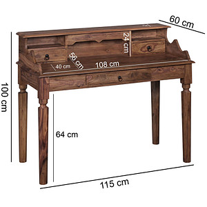 4250950233515 - WOHNLING Schreibtisch 115 cm sheesham Sekretär braun rechteckig 4-Fuß-Gestell braun 1150 x 600 cm