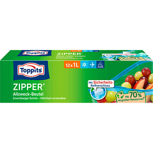 4008871209863 - Toppits Zipper ® mit Standboden Allround-Beutel mit integriertem Reißverschluss 1 Packung = 12 á 1 l Fassungsvermögen
