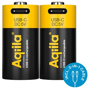 Aqiila® USB-Akkus mit Ladekabel USB-C Li-Ion CR123A 750 mAh, 2 St.