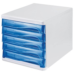 Schubladenbox blau-transparent DIN A4 mit 5 Schubladen