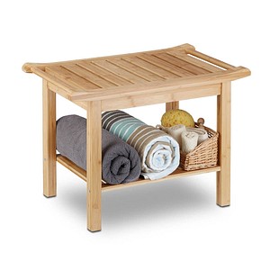 4052025209490 - Badezimmer Bank Bambus Sitzbank Bad Ablage Badhocker Holz HxBxT 45 x 66 x 40 cm Badezimmermöbel natur - Relaxdays