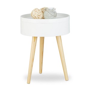 4052025209797 - Beistelltisch rund skandinavisches Design 70er Nachttisch mit Tablett Staufach HxBxT 50x38x38 cm weiß - Relaxdays
