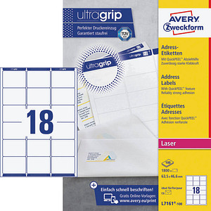 5701044461011 - AVERY Zweckform Abziehhilfe QuickPEELultragrip Adressetiketten L7161-100 Selbsthaftend DIN A4 Weiß 635 x 466 mm 100 Blatt à 18 Etiketten