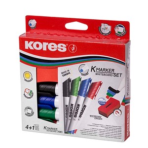 Kores Whiteboardmarker 3mm Rundspitze Set mit 4 Farben + Schwamm