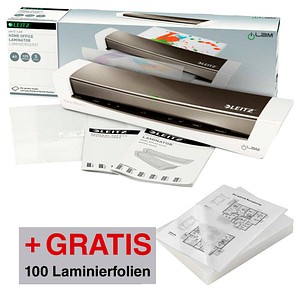 AKTION: LEITZ iLAM Home Office A3 Laminiergerät-Set bis DIN A3 + GRATIS 100 Laminierfolien, 80 micron, A4