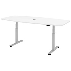 HAMMERBACHER Konferenztisch XDSM22 weiß Tonnenform, T-Fuß-Gestell silber, 220,0 x 103,0 x 62,0 – 127,0 cm