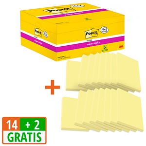 14 + 2 GRATIS: Post-it® Super Sticky Notes Haftnotizen extrastark gelb, 14 Blöcke + GRATIS 2 Blöcke