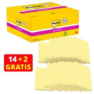 Image of 14 + 2 GRATIS: Post-it® Super Sticky Notes Haftnotizen extrastark gelb, 14 Blöcke + GRATIS 2 Blöcke