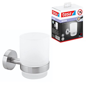 4042448448286 - Moon Zahnputzbecher mit Halterung - Becher aus satiniertem Glas verchromte Wandhalterung - zur Wandbefestigung ohne Bohren inkl Klebelösung - 109