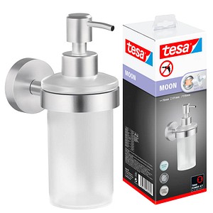4063565260605 - Moon Seifenspender-Set satiniertes Glas und verchromter Edelstahl - Flüssigseifenspender zur Wandbefestigung ohne Bohren inkl Klebelösung - 109 mm