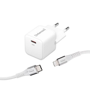 INTENSO 7803052 - USB-Ladegerät, 30 W, 1x USB-C, GaN, weiß, Lightning Kabel 1,5 m