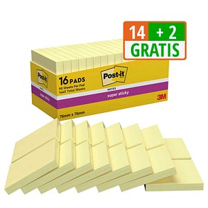 14 + 2 GRATIS: Post-it® Super Sticky Notes Haftnotizen extrastark 654 gelb, 14 Blöcke + GRATIS 2 Blöcke