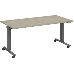 4260672334650 - fm Slimfit elektrisch höhenverstellbarer Schreibtisch eiche anthrazit metallic rechteckig T-Fuß-Gestell mit Rollen grau 1800 x 800 cm