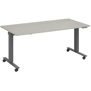 4260672334643 - fm Slimfit elektrisch höhenverstellbarer Schreibtisch lichtgrau anthrazit metallic rechteckig T-Fuß-Gestell mit Rollen grau 1800 x 800 cm