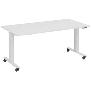 4260672334711 - fm Slimfit elektrisch höhenverstellbarer Schreibtisch weiß verkehrsweiß rechteckig T-Fuß-Gestell mit Rollen weiß 1800 x 800 cm