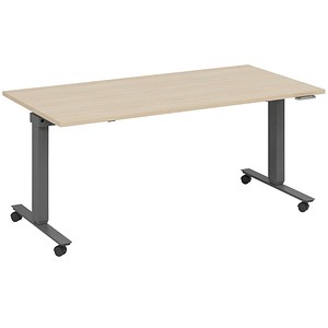 4260672334988 - fm Slimfit elektrisch höhenverstellbarer Schreibtisch ahorn anthrazit metallic rechteckig T-Fuß-Gestell mit Rollen grau 1800 x 700 cm