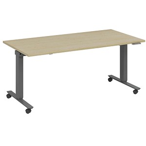 4260672334773 - fm Slimfit elektrisch höhenverstellbarer Schreibtisch akazie anthrazit metallic rechteckig T-Fuß-Gestell mit Rollen grau 1600 x 800 cm